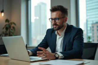 Freelance travaillant sur un ordinateur portable dans un café moderne