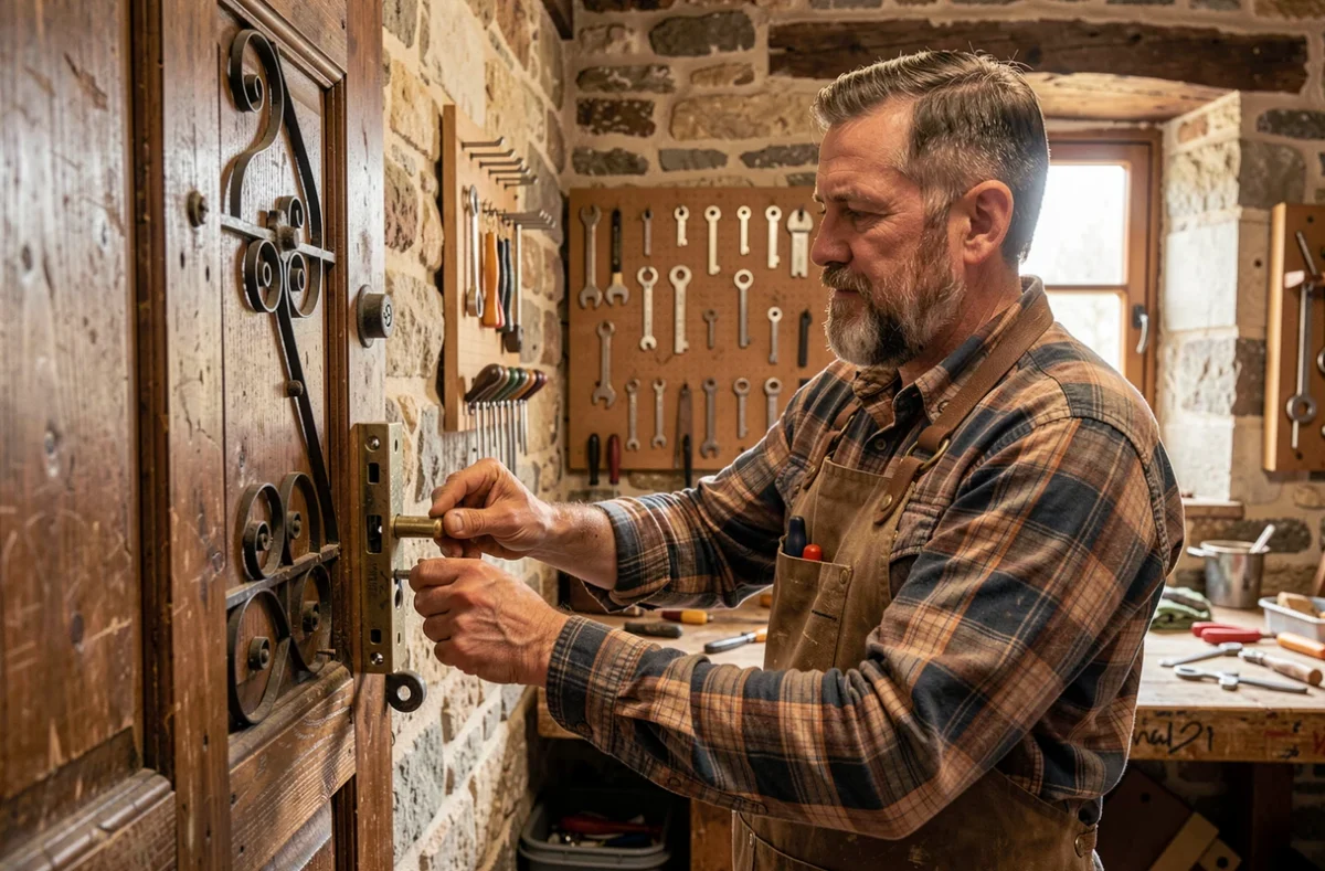 Un serrurier artisan expérimenté installe une serrure sur une porte ancienne dans son atelier à Angers
