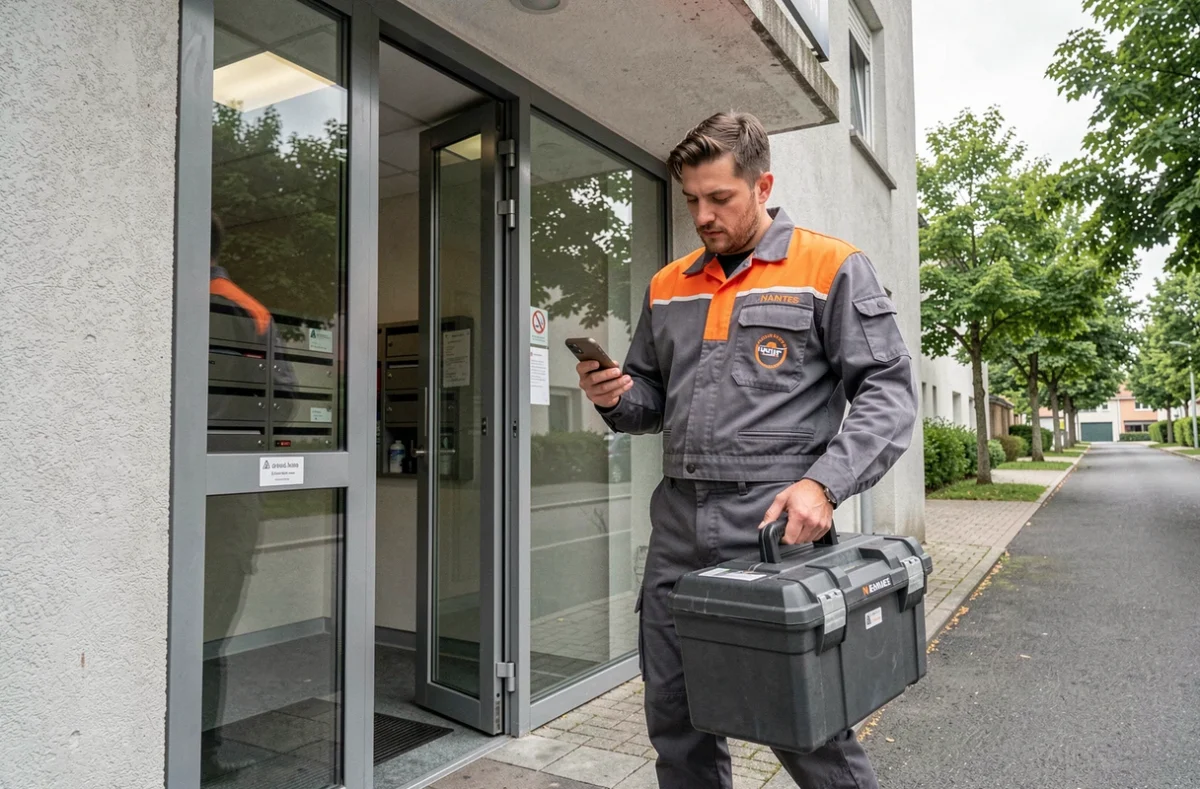 Un serrurier AAD arrive en uniforme avec une grande boîte à outils devant un immeuble de l'agglomération nantaise
