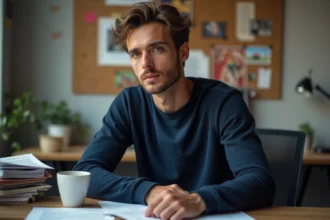 Acteur assis dans un bureau de production cinématographique entouré de scénarios et de storyboards de films de super-héros