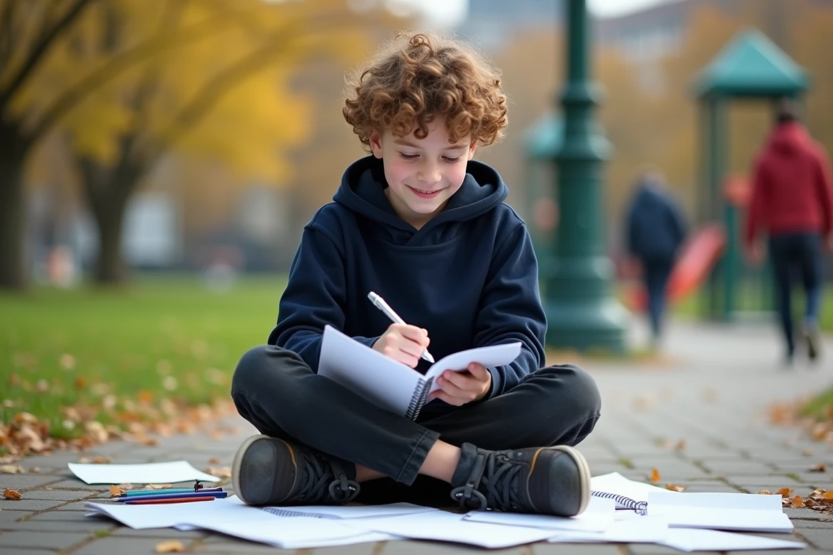 Adolescent écrivant dans un parc en plein air