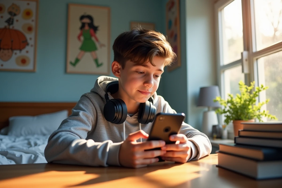 Adolescent regardant son smartphone dans une chambre cosy