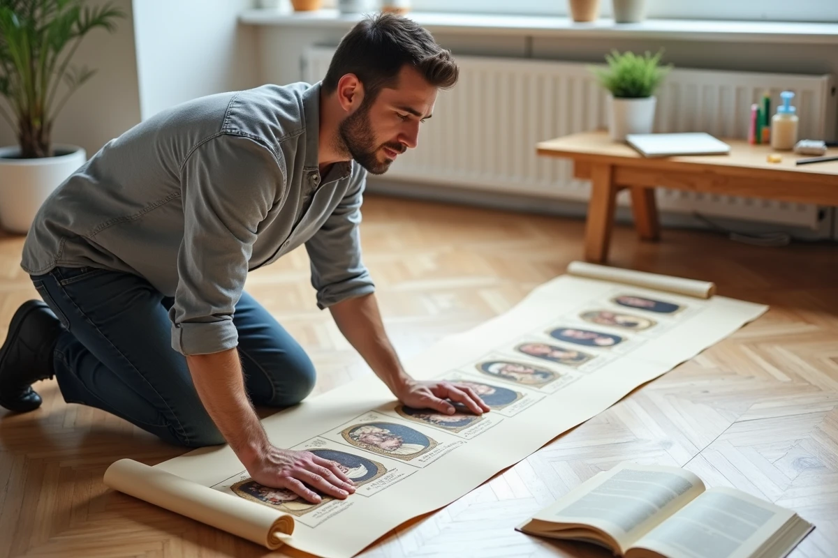 Adulte assemblant une longue frise illustrée des rois de France en ordre chronologique sur un parquet clair