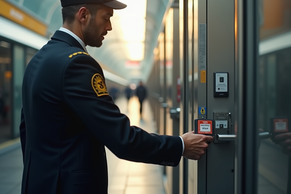 Agent RATP utilisant un badge pour ouvrir une entrée réservée au personnel