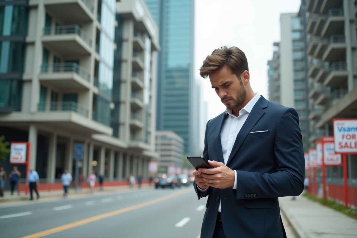 Jeune agent immobilier sur une rue urbaine avec panneaux en vente
