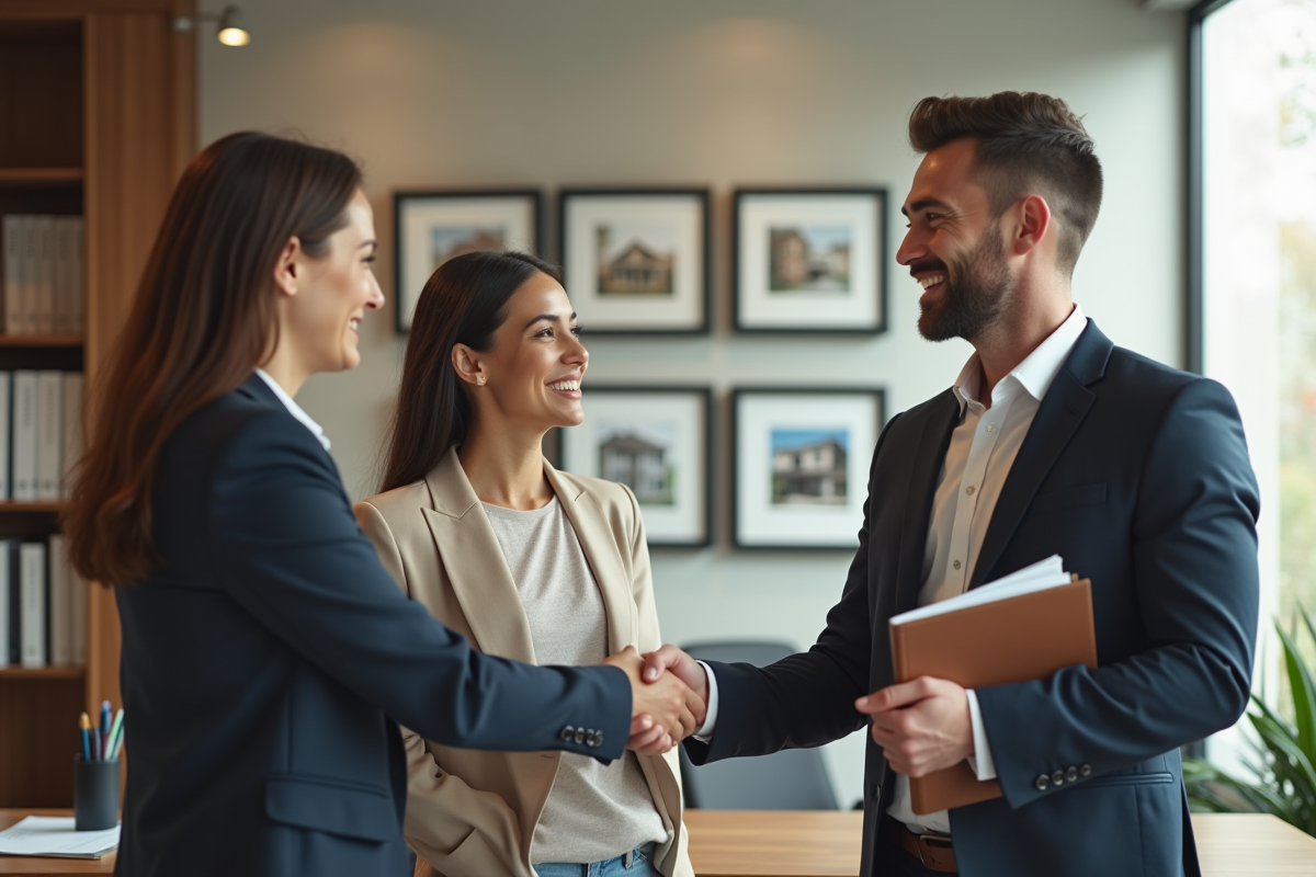 Agent immobilier souriante serre la main d'un couple dans un bureau lumineux