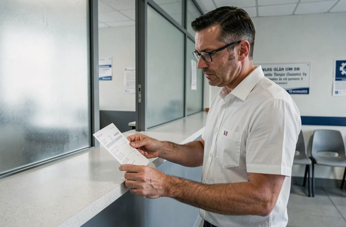 Agent public masculin de catégorie C examinant une ligne de son bulletin de salaire au guichet d'une mairie