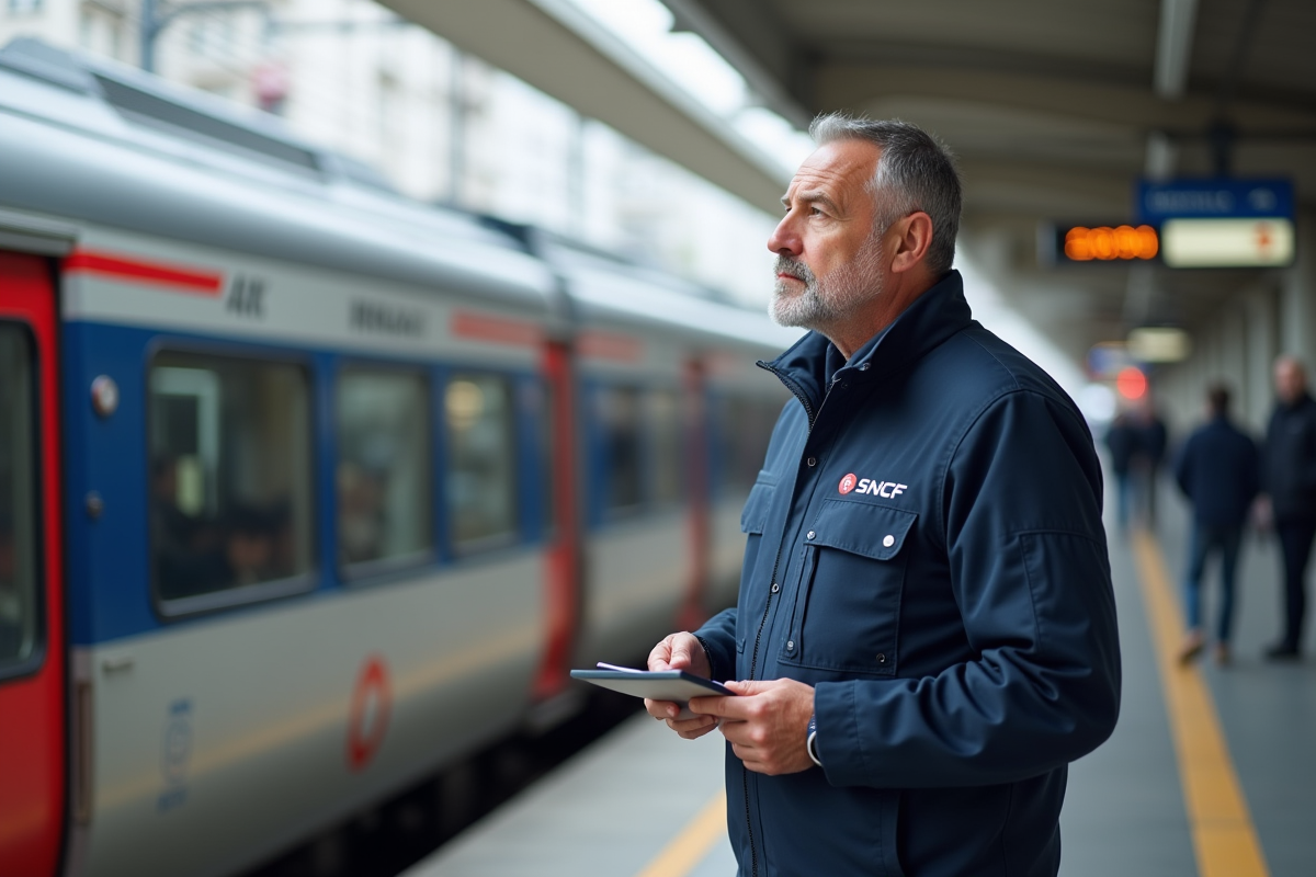 Agent sncf en uniforme sur une plateforme de train à grande vitesse
