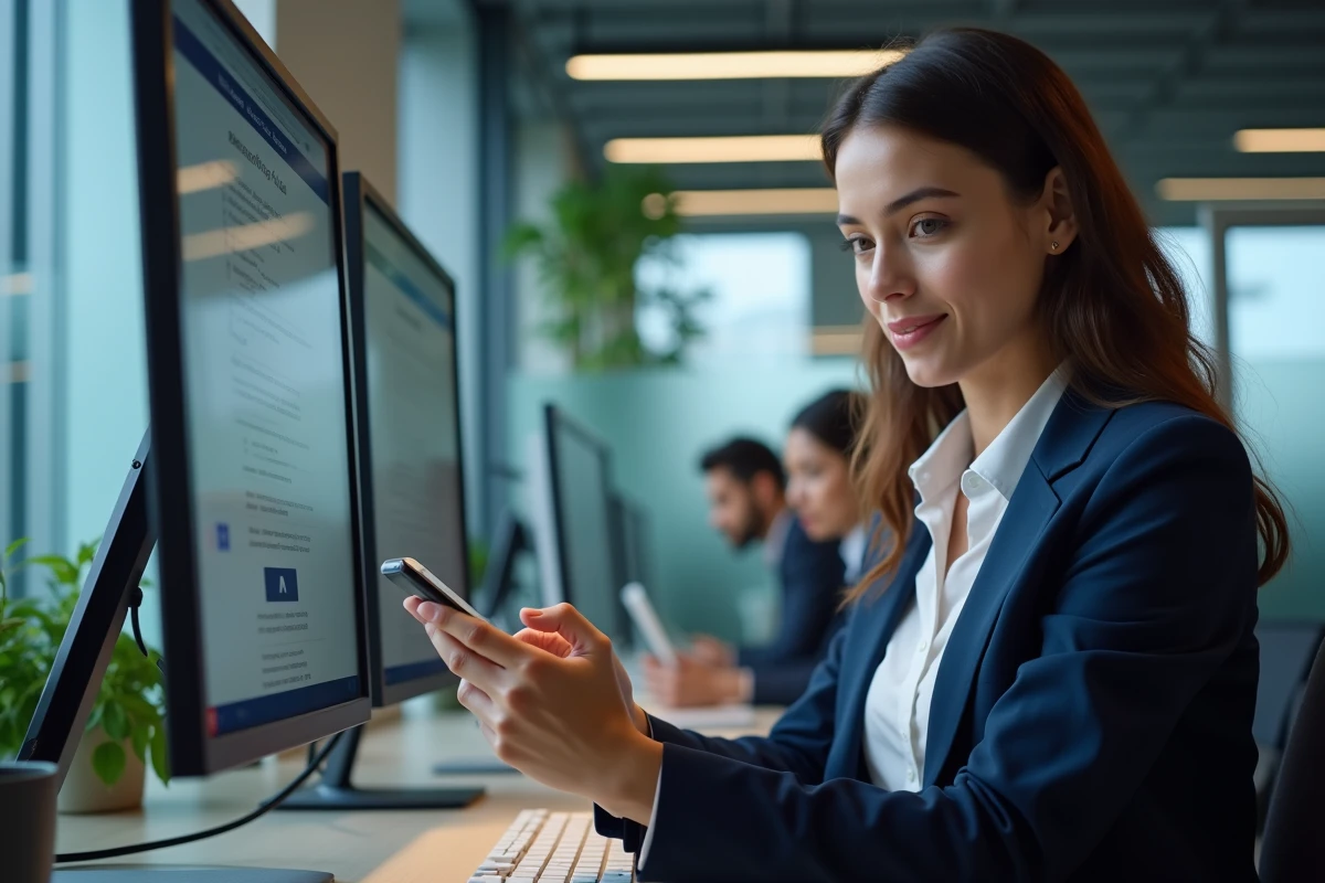 Femme professionnelle recevant une alerte de sécurité sur son smartphone en open space