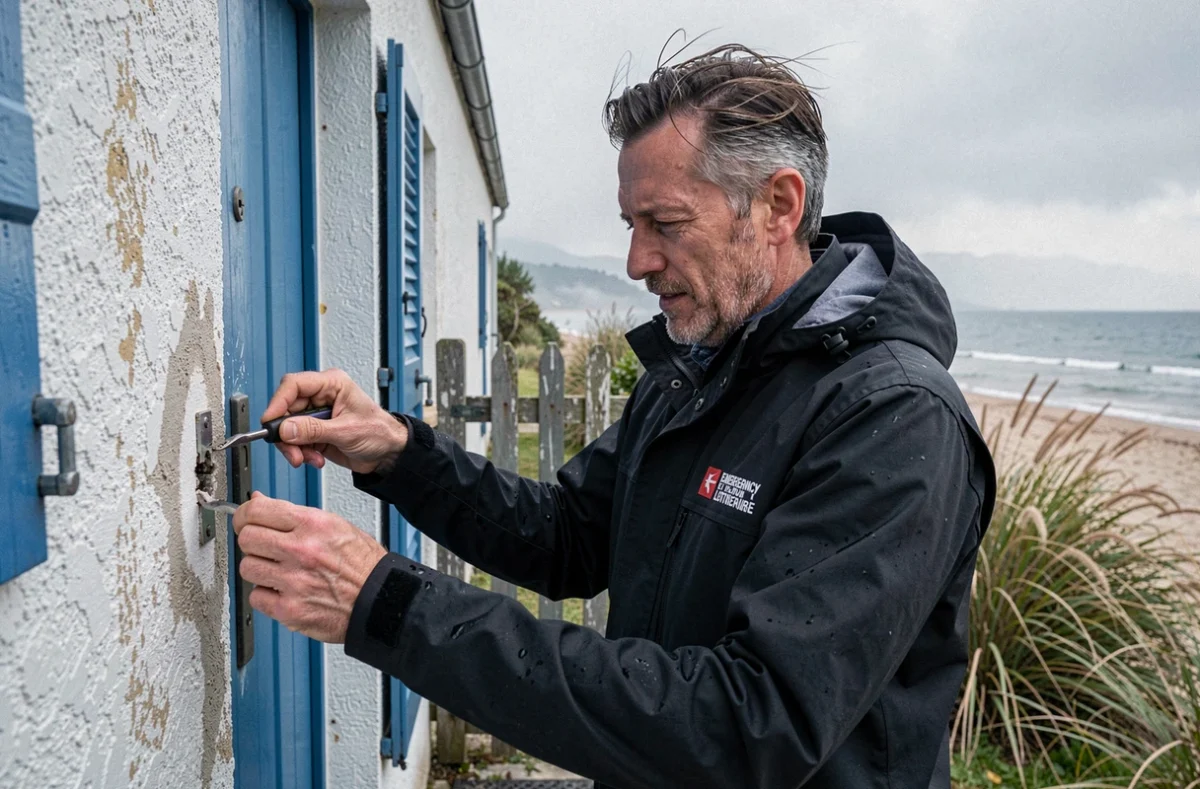 Un serrurier d'urgence inspecte une serrure endommagée sur une maison côtière à Saint-Nazaire avec l'océan en arrière-plan