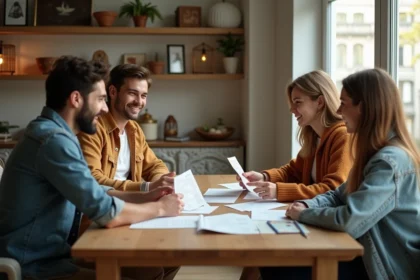 Quatre amis discutant autour d une table avec souvenirs de voyage