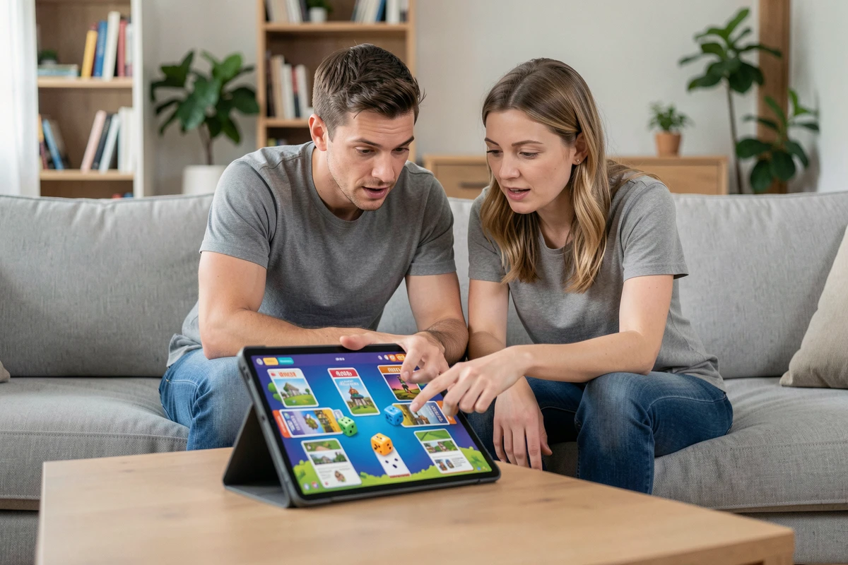 Deux amis adultes consultant des stratégies pour avancer dans Monopoly Go sur une tablette dans un salon moderne