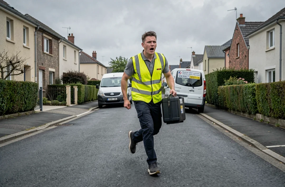 Un technicien serrurier en gilet jaune court rapidement vers une intervention de dépannage en Maine-et-Loire