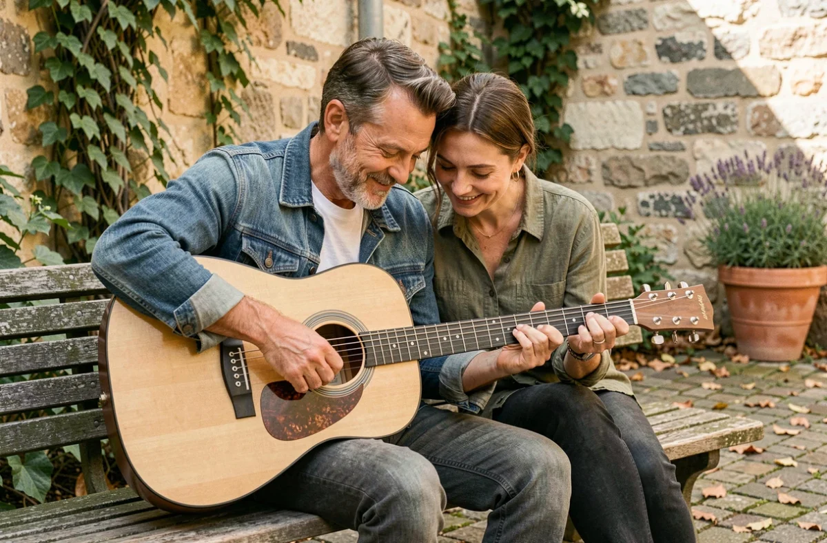 Deux amis apprennent ensemble les accords d'une chanson de Cabrel en duo sur une guitare acoustique dans une cour en pierre ensoleillée
