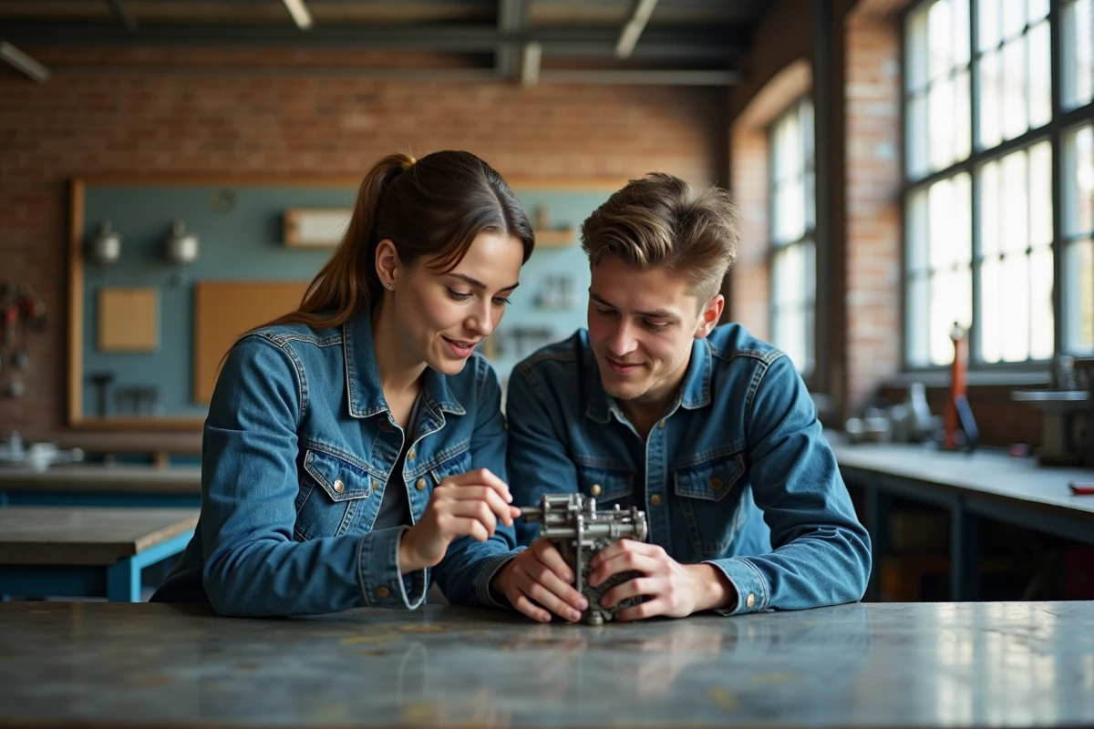 Apprenti et mentor en atelier de formation professionnelle, examinant ensemble une pièce mécanique