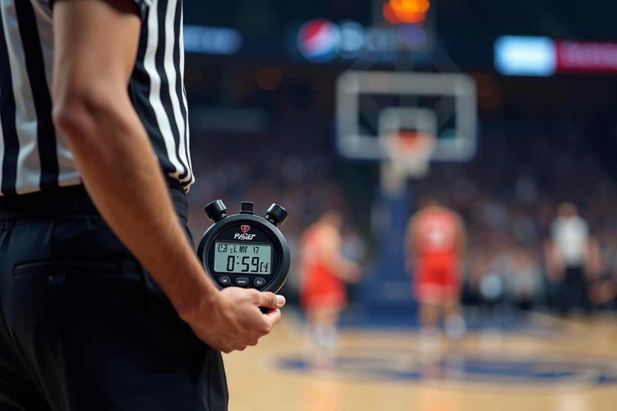 Arbitre tenant un chronomètre lors d’un match de basketball en gros plan