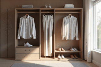 Armoire moderne avec vêtements et chaussures bien rangés