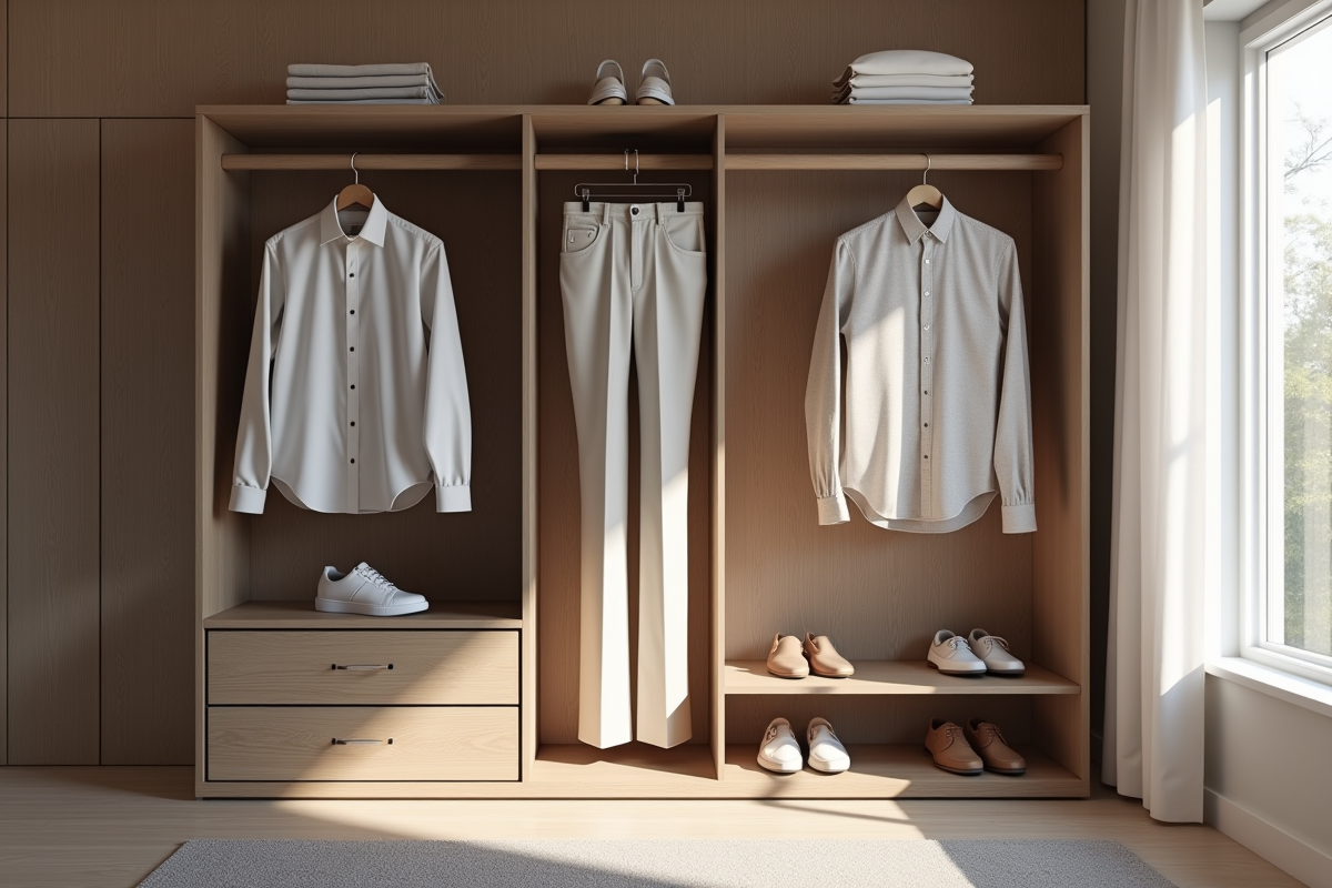 Armoire moderne avec vêtements et chaussures bien rangés