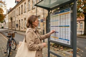 Femme consultant l'horaire du bus à un arrêt de Sarreguemines en automne