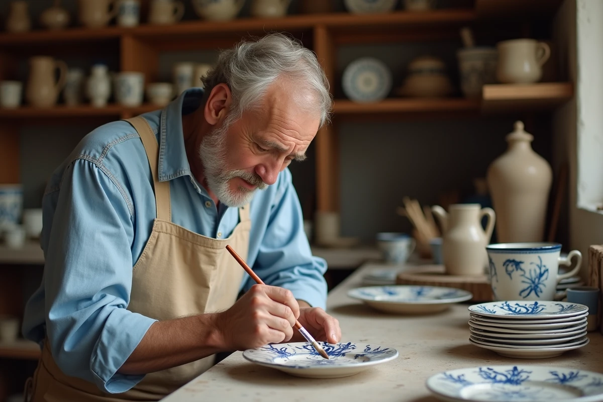 Artisan breton peignant le motif hermine sur une faïence de Quimper dans un atelier traditionnel