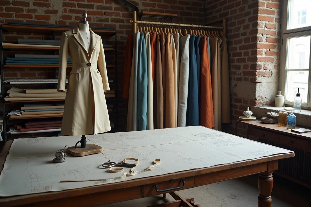 Atelier de couture parisien avec des rouleaux de tissu, une table de coupe en bois et une forme de couture portant un manteau structuré