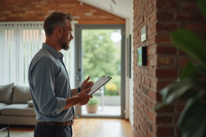 Auditeur energie homme analyse thermostat maison moderne