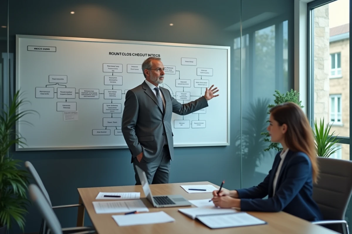 Avocat expliquant la procédure participative et les étapes de conciliation à une collègue dans un cabinet juridique moderne, en lien avec l'article 750-1 du Code de procédure civile