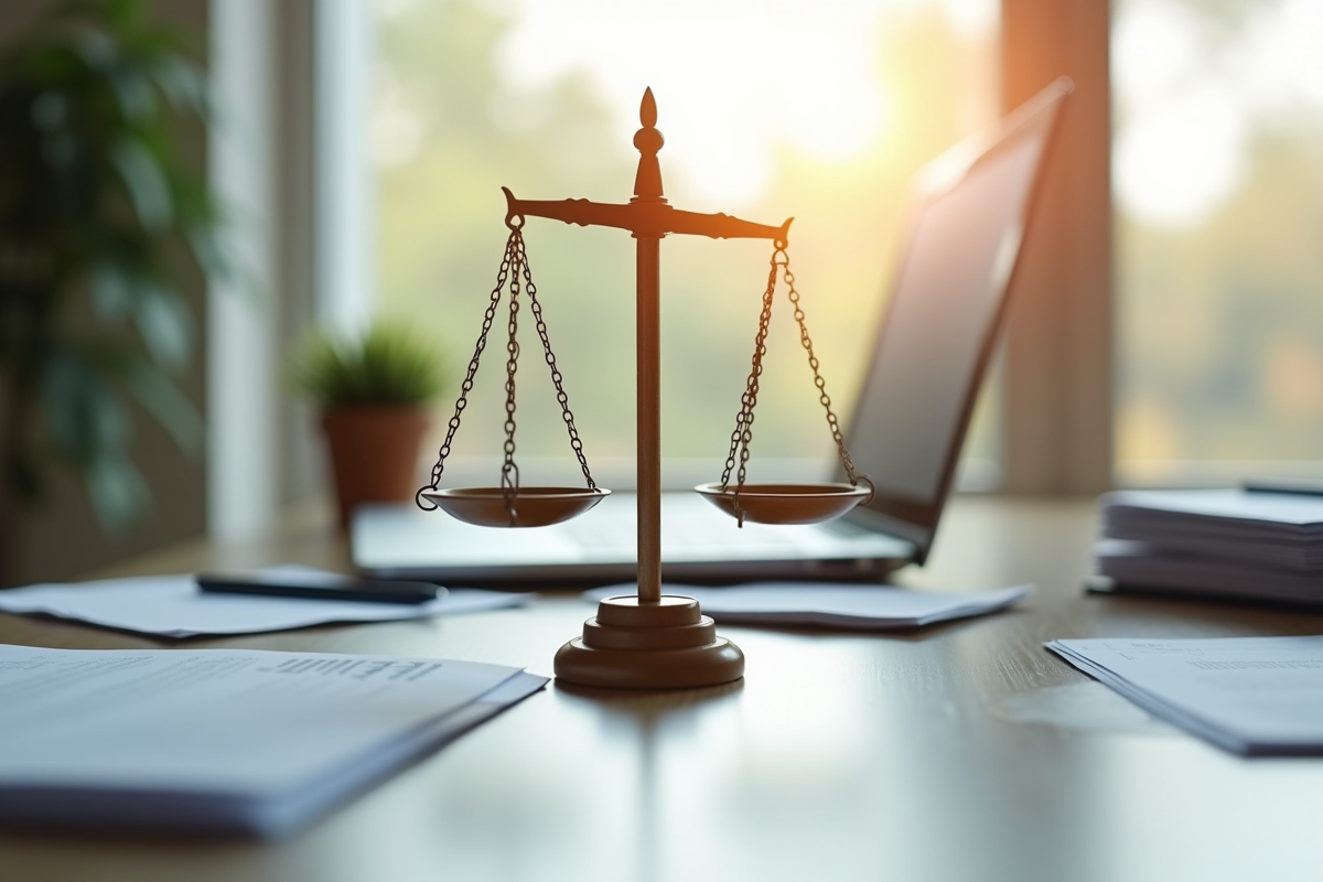 Balance de justice en bois sur un bureau avec documents et ordinateur