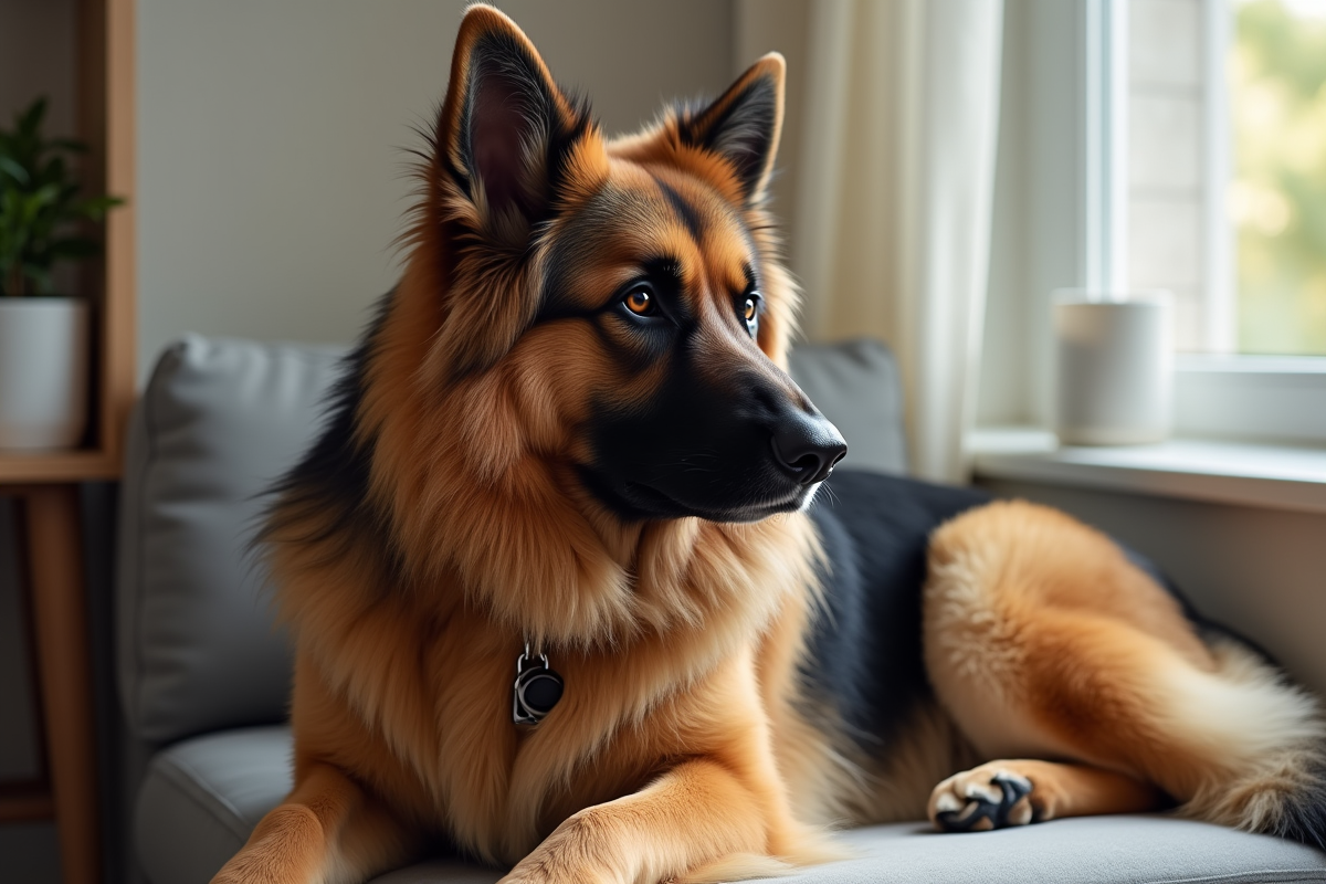 Chien berger allemand à poil long assis près d