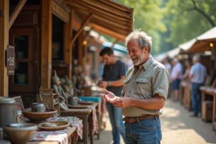 Homme souriant inspectant des objets vintage au marché aux puces