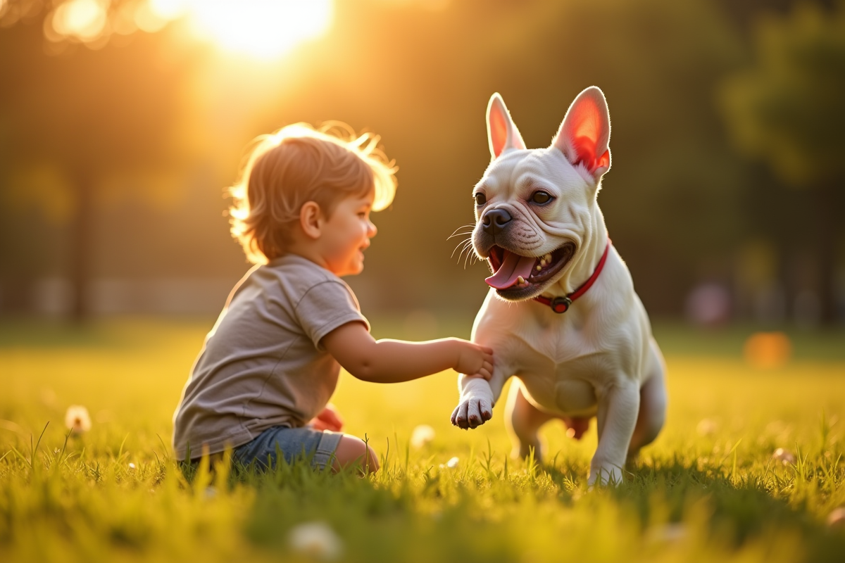 Bulldog francais adulte jouant avec un enfant dans un parc ensoleille