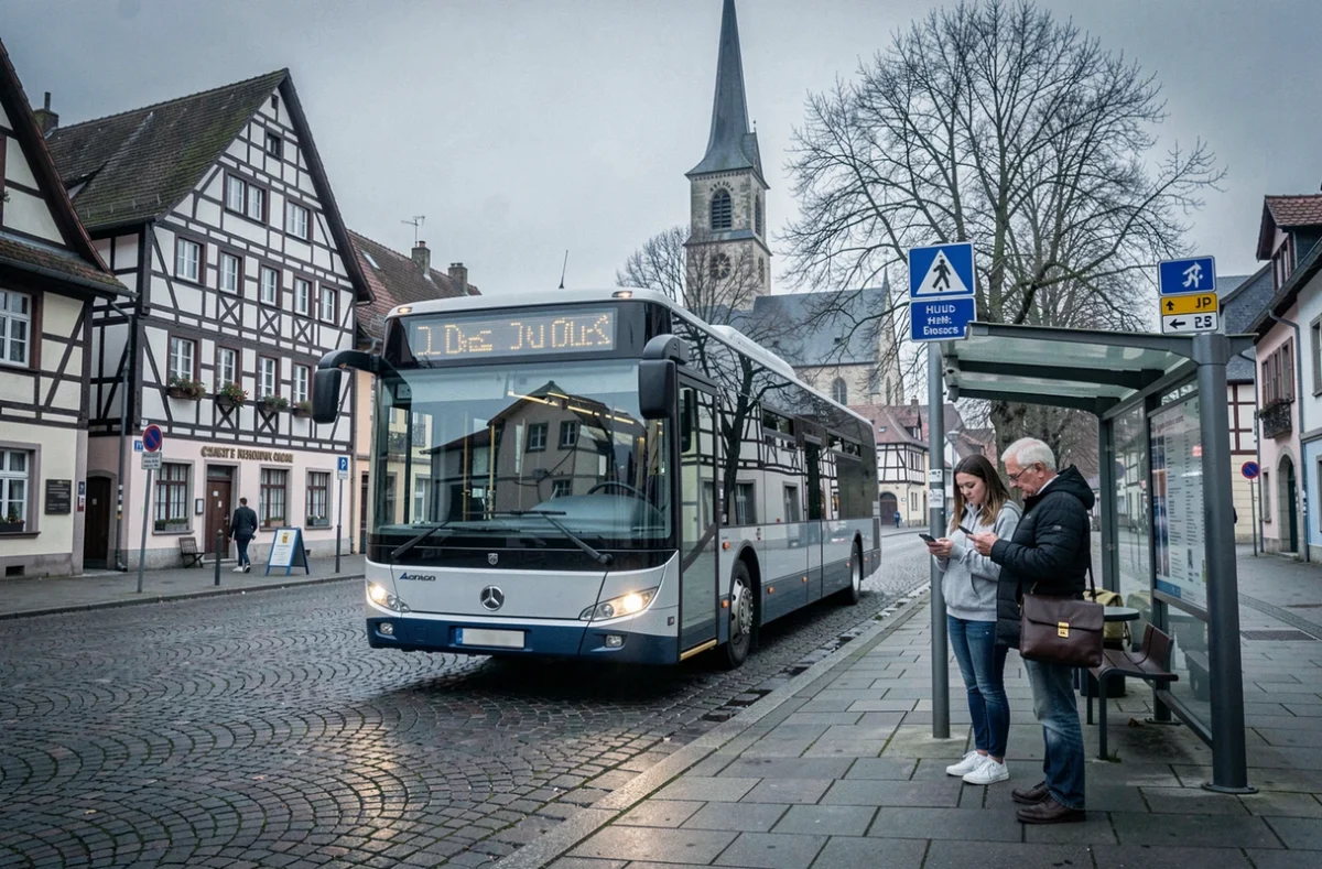 Bus urbain à l'arrêt sur une place de Sarreguemines avec des voyageurs qui attendent