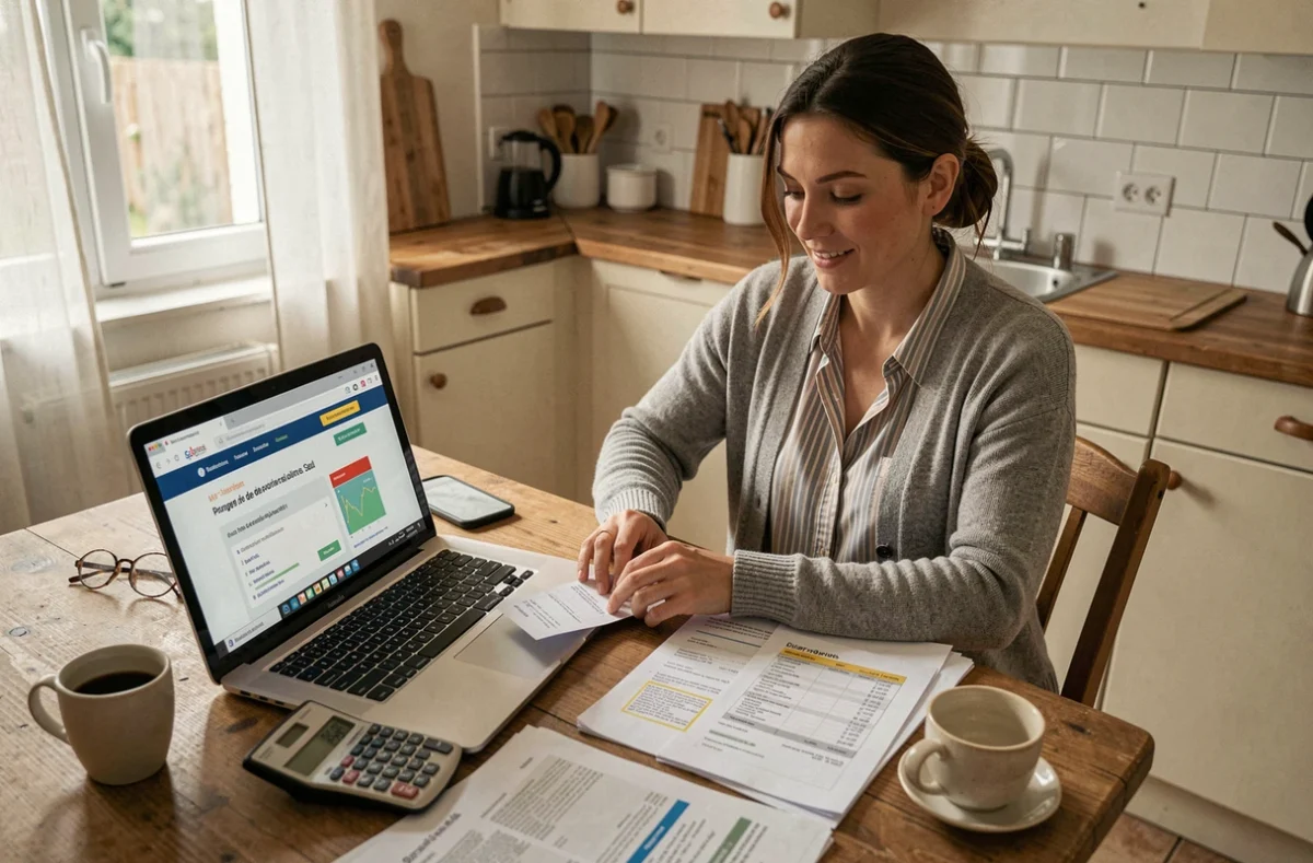 Jeune fonctionnaire de catégorie C calculant son salaire net à domicile avec bulletin de paie et calculatrice
