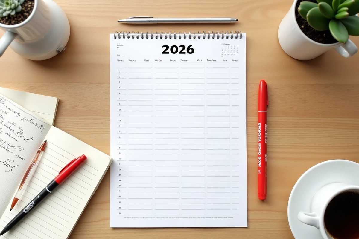 Vue aérienne d'un calendrier 2026 imprimé avec numéros de semaines impaires posé sur une table en bois avec un marqueur rouge et un carnet