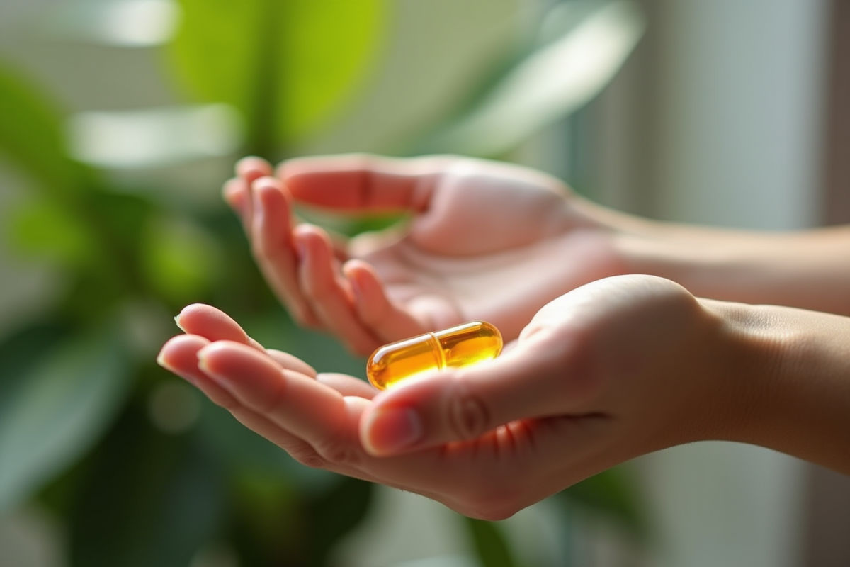 Mains tenant une capsule de vitamine C liposomale dorée
