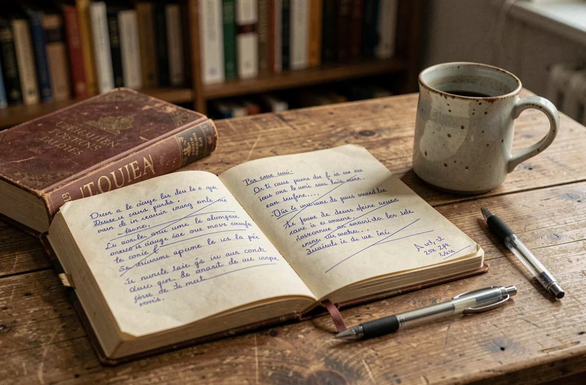 Carnet de paroles manuscrites ouvert sur un bureau en bois avec des annotations d'analyse littéraire dans un appartement parisien