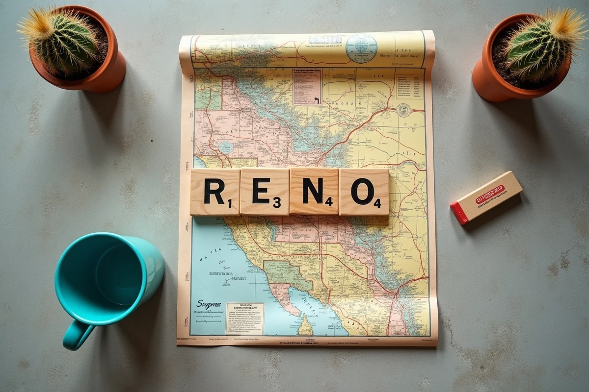 Vue à plat d'une carte du Nevada et de lettres de jeu épelant RENO sur une surface en béton avec des cactus décoratifs