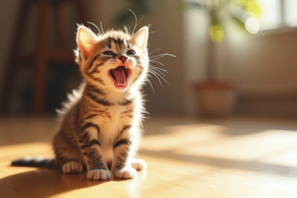Petit chaton assis sur un sol en bois en pleine lumière naturelle