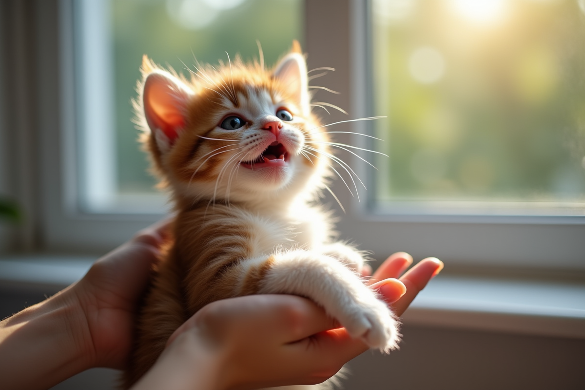 Chaton pelucheux tenu dans des mains regardant vers le haut