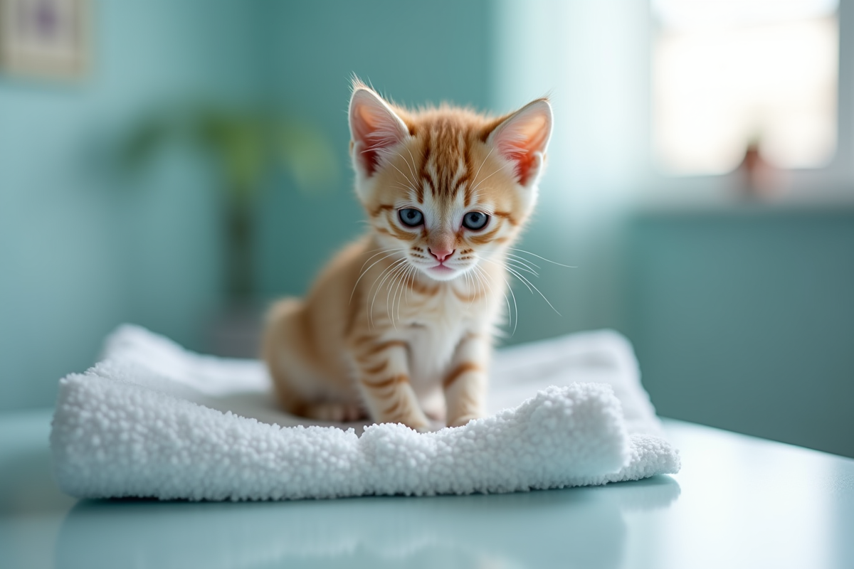 Petit chaton triste sur une serviette blanche dans une clinique