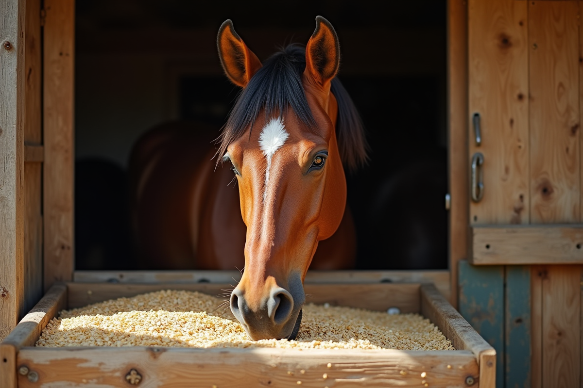 Cheval bay mangeant de l'avoine dans une stalle ensoleillee