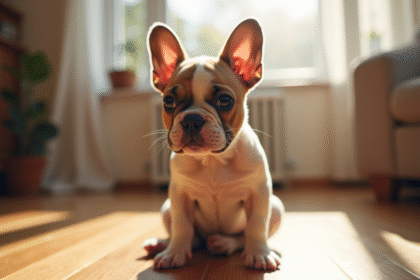 Chiot bulldog francais exotique sur sol en bois ensoleille