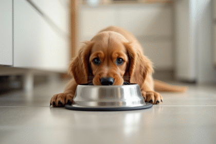 Chiot cocker spaniel mangeant dans une cuisine lumineuse