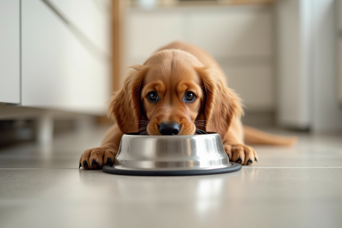 Chiot cocker spaniel mangeant dans une cuisine lumineuse