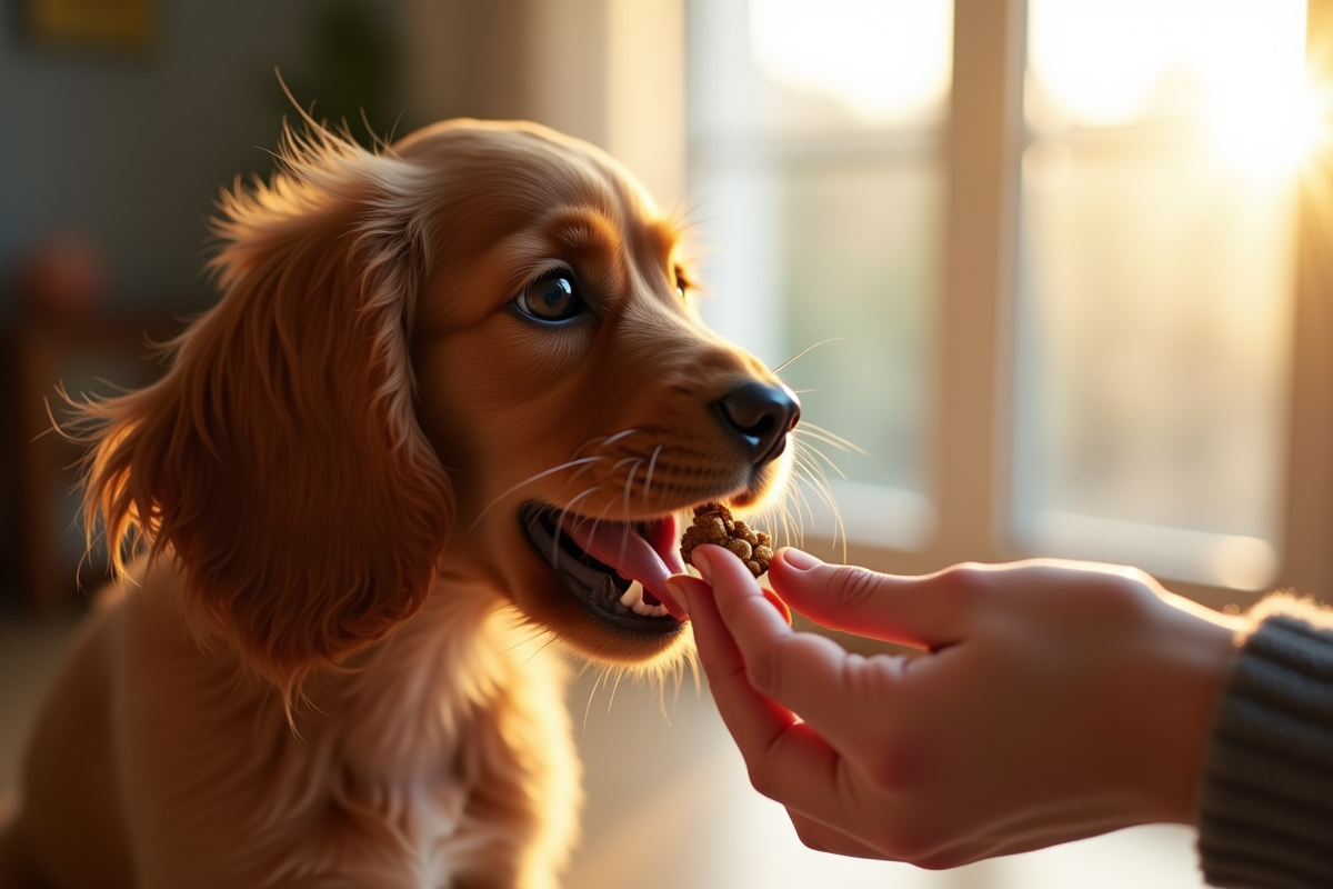 Jeune cocker spaniel nourri à la main dans la lumière du matin
