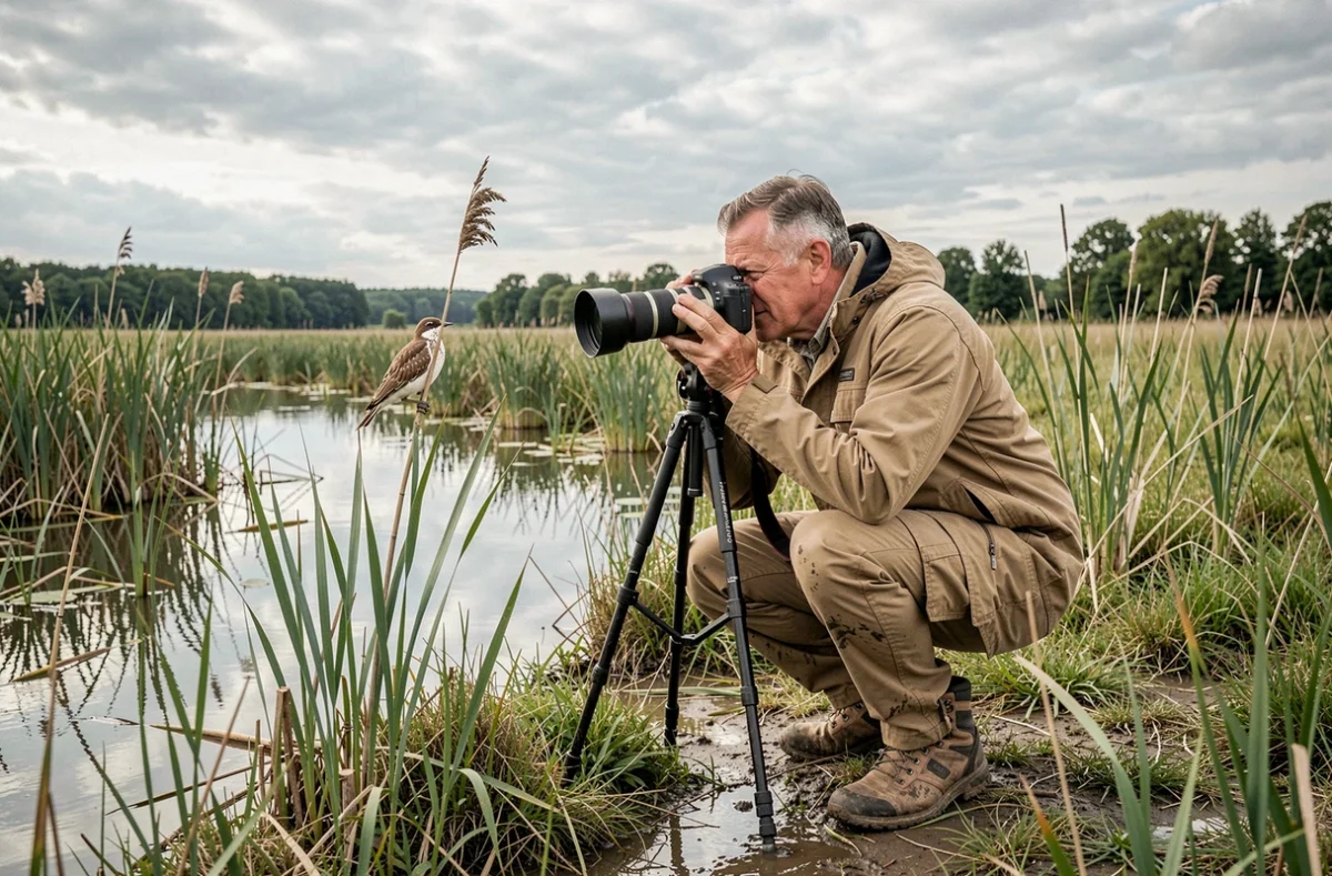 Christophe Courteau photographe auteur accroupi dans une zone humide du Loir-et-Cher pour photographier un oiseau sauvage