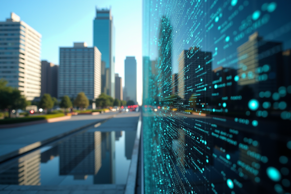 Paysage urbain avec réseaux blockchain superposés en journée illustrant la fusion technologie et ville