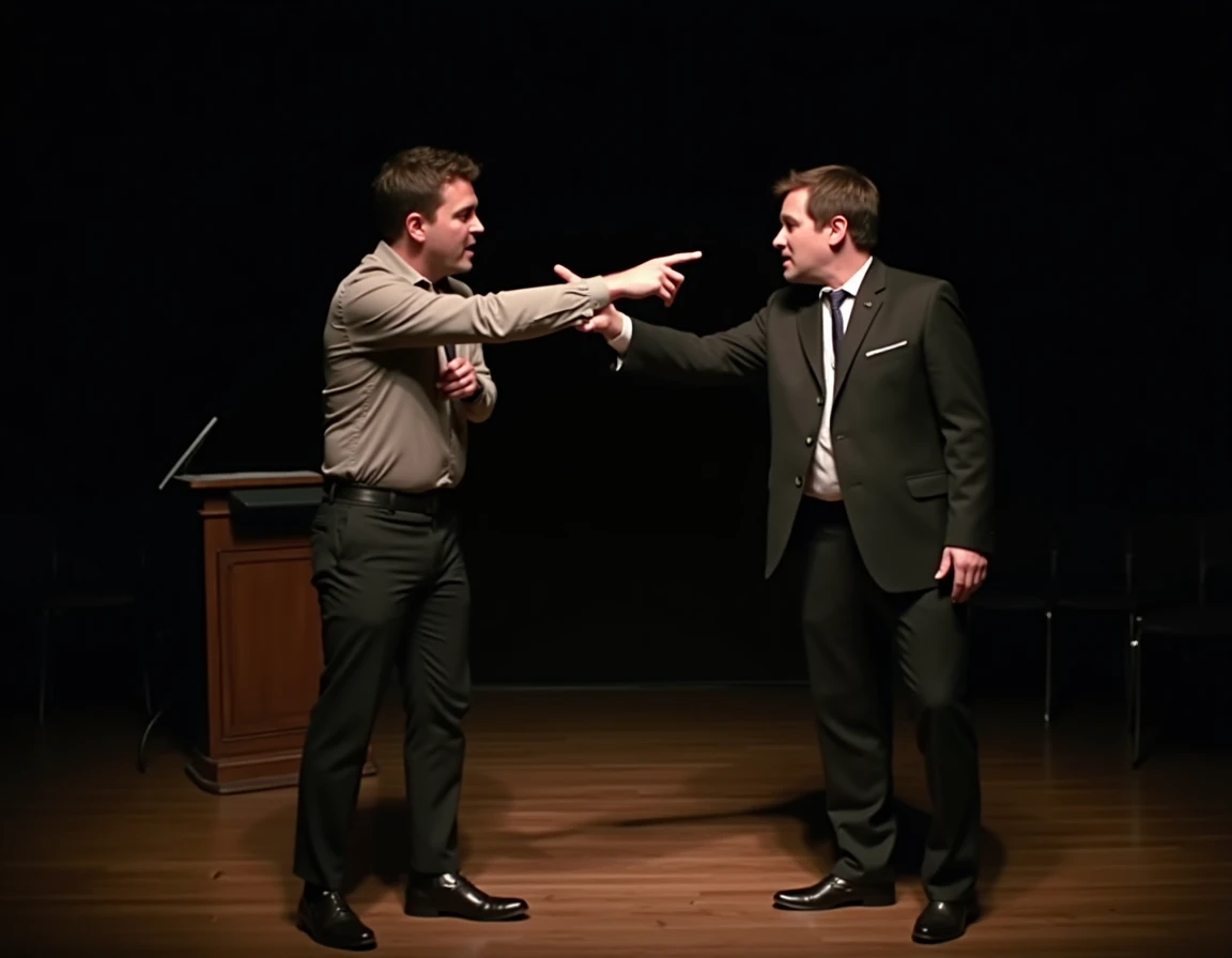 Deux comédiens répétant un sketch satirique sur scène dans un théâtre intimiste avec accessoires absurdes