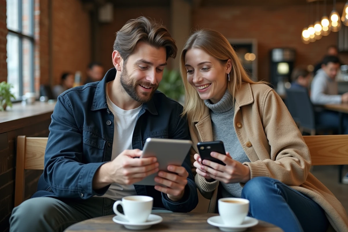 Deux personnes comparant une application de scan sur Android et iOS dans un café urbain