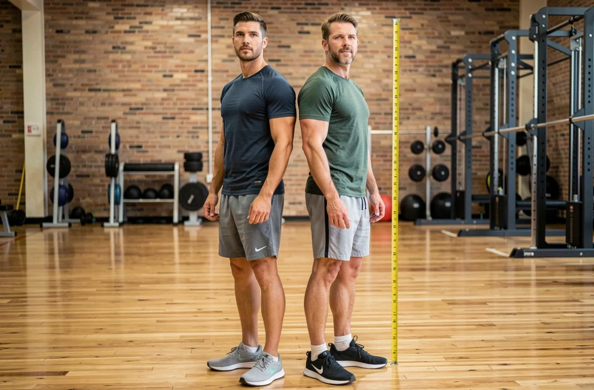 Comparaison de la taille de deux hommes très grands en tenue sportive dans un gymnase professionnel